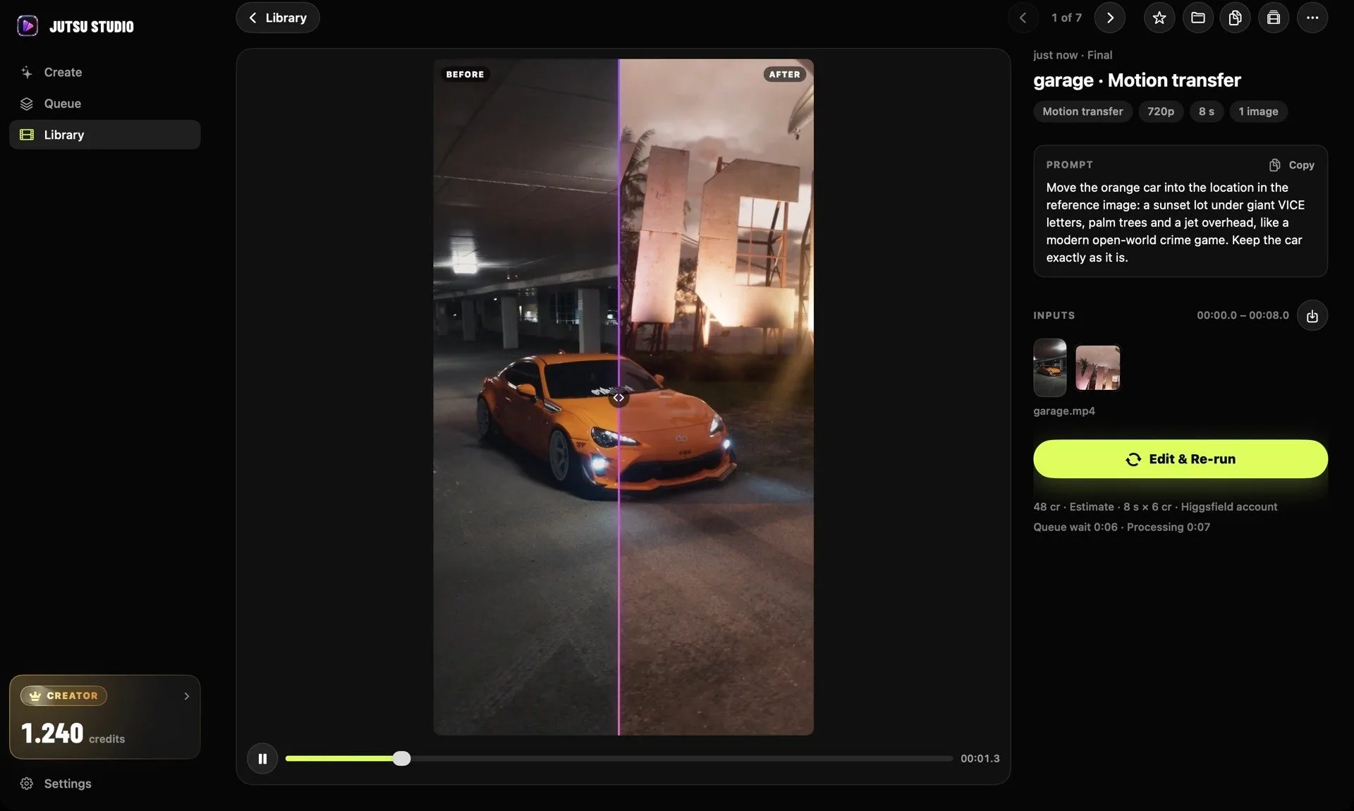Jutsu Studio library: a motion transfer result next to its source video